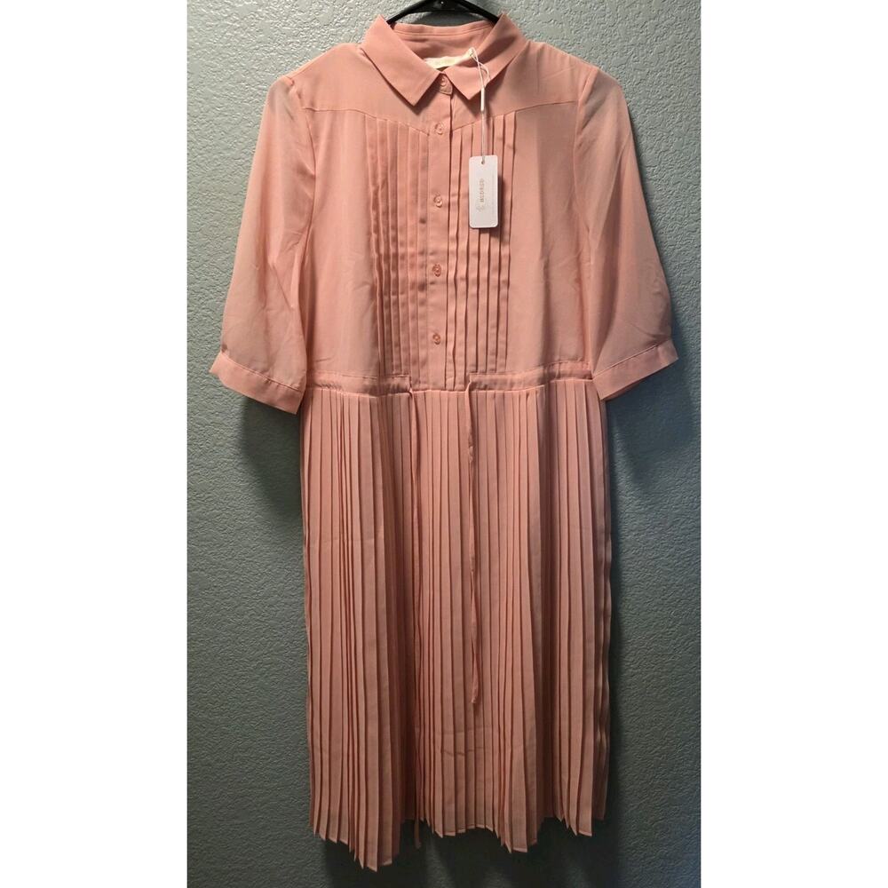 WLDRSD Pink Pleated Chiffon Midi Dress XS NWT Sheer Pastel Button Up